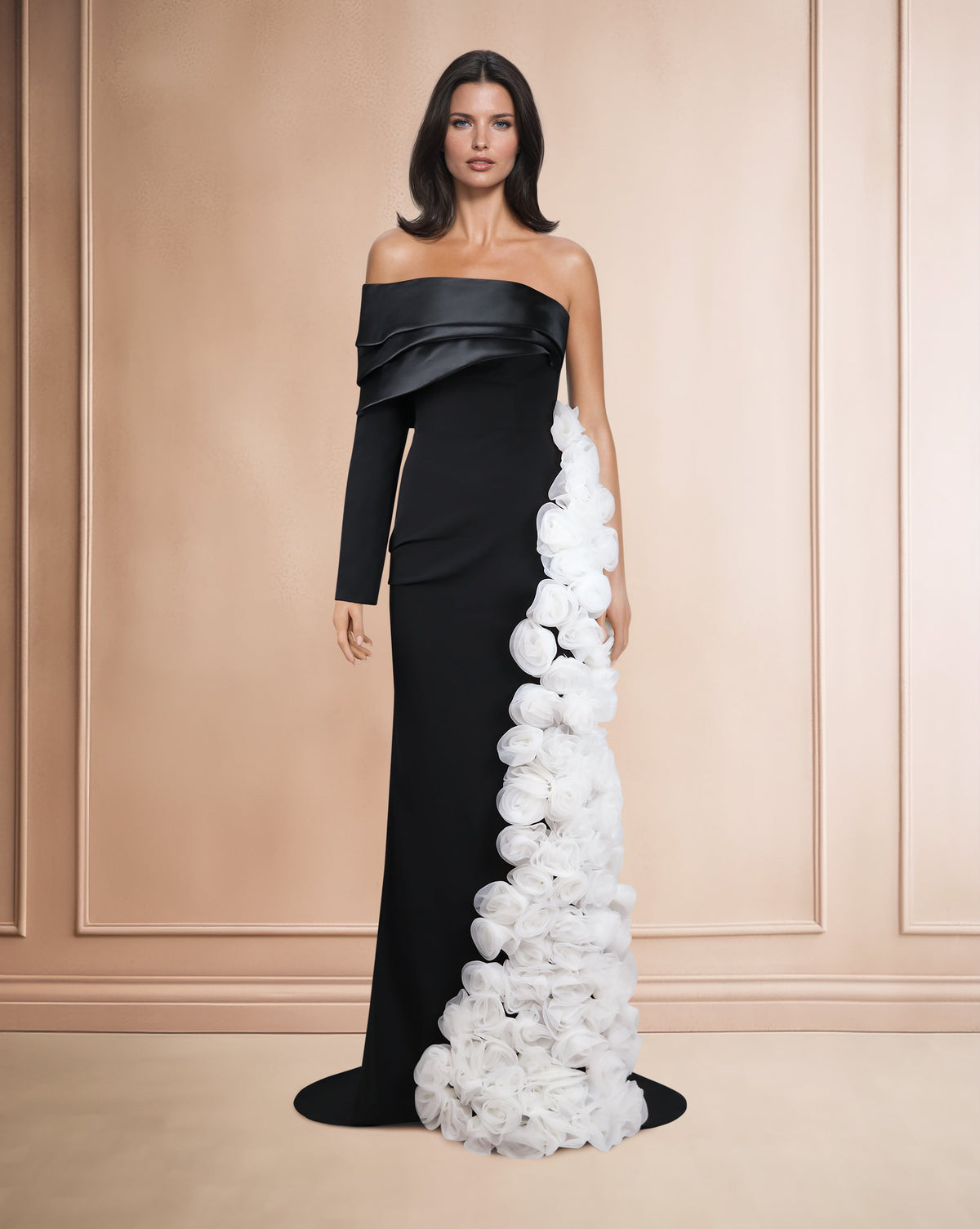 Strapless column dress with one sleeve and side 3D flowers