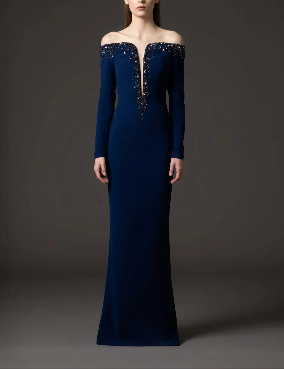 off-shoulder column dress with crystal plunge neckline – CELESTE