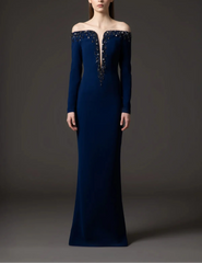 off-shoulder column dress with crystal plunge neckline – CELESTE