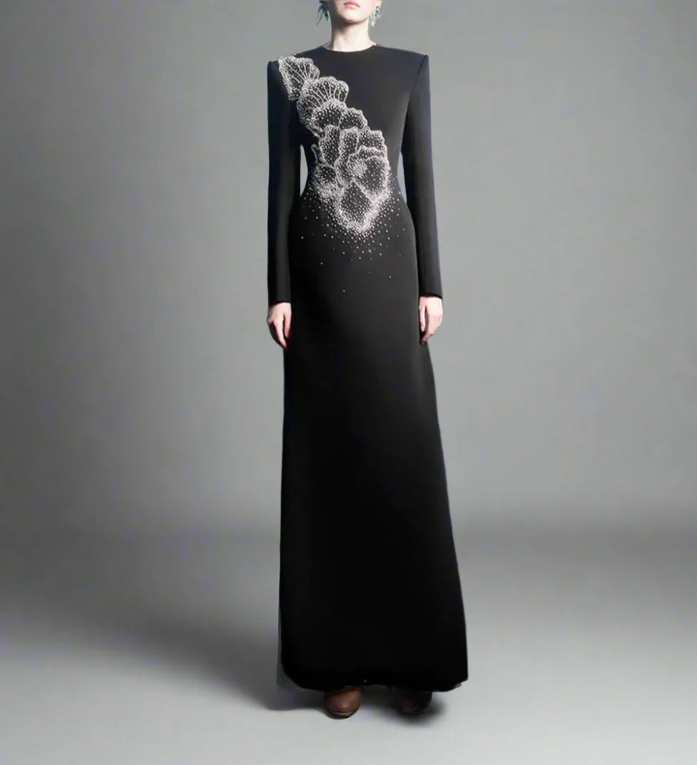 Long-Sleeve A-line Dress with Beaded Floral Accents - BLOSSOM