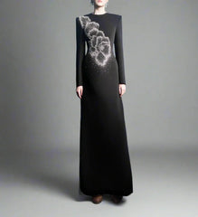 Long-Sleeve A-line Dress with Beaded Floral Accents - BLOSSOM