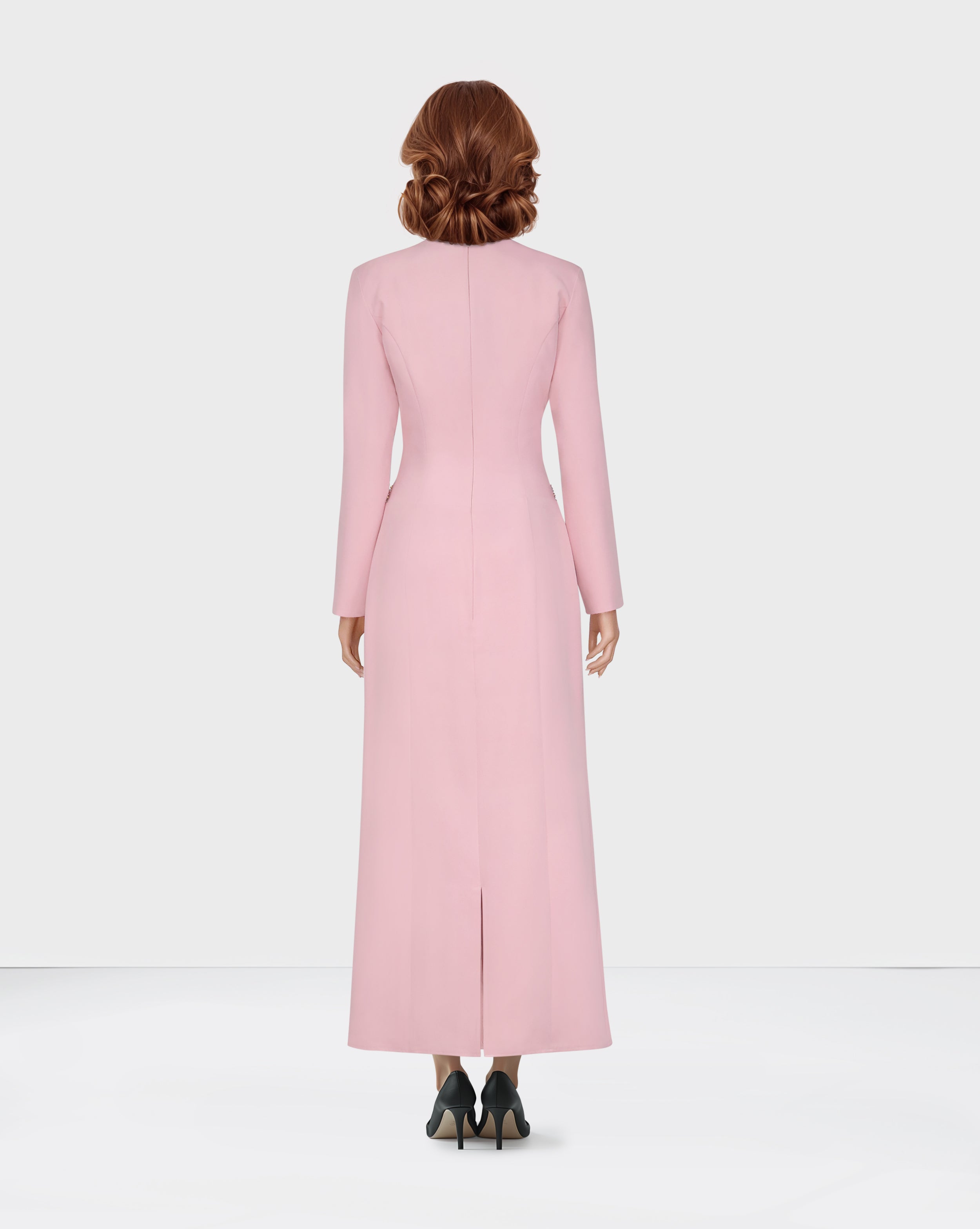 V Neckline long-sleeved pink dress with sequinned lines