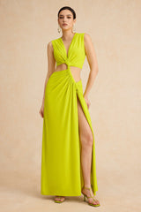 Cut Out Twist Knot Sleeveless Slit Midi Dress
