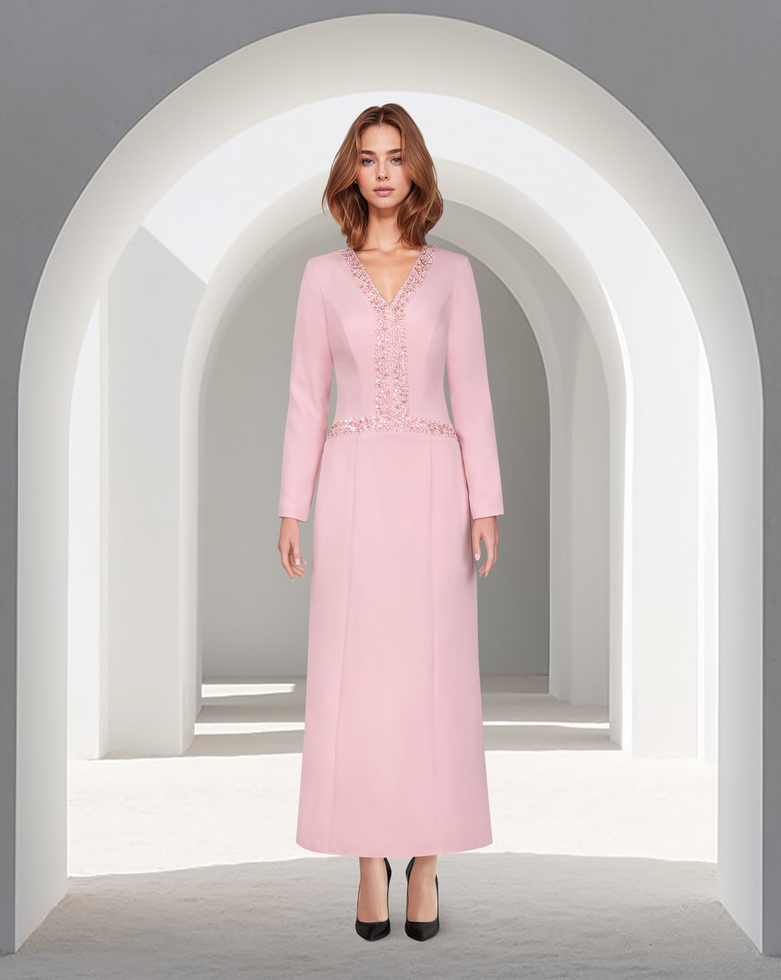 V Neckline long-sleeved pink dress with sequinned lines
