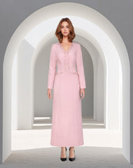 V Neckline long-sleeved pink dress with sequinned lines