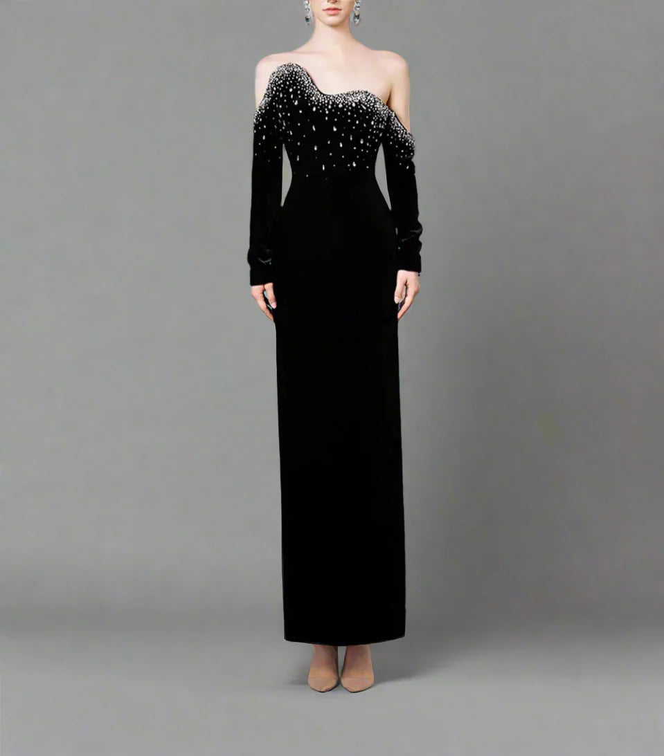 Long-Sleeve Column Dress with Crystal Embellishments - Marilyn