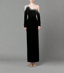 Long-Sleeve Column Dress with Crystal Embellishments - Marilyn