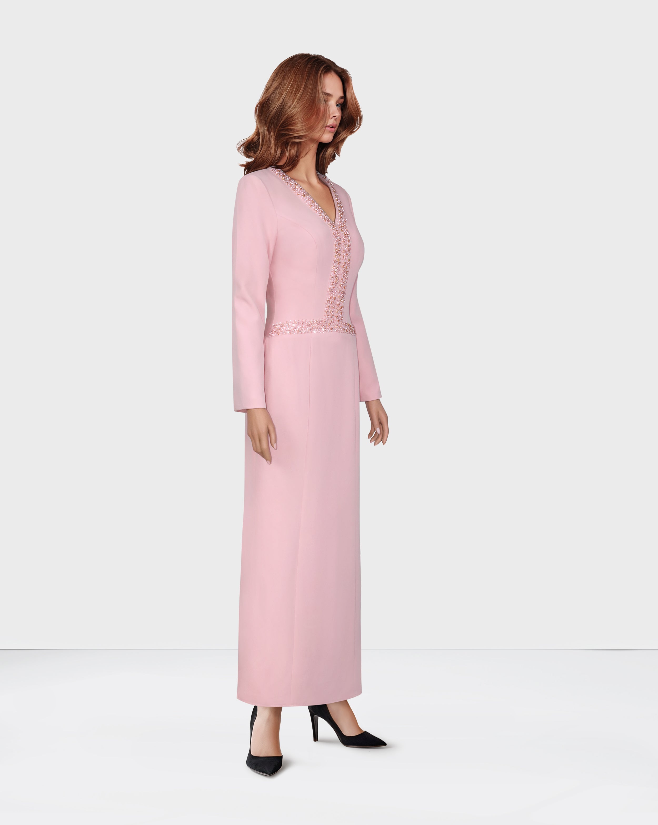 V Neckline long-sleeved pink dress with sequinned lines