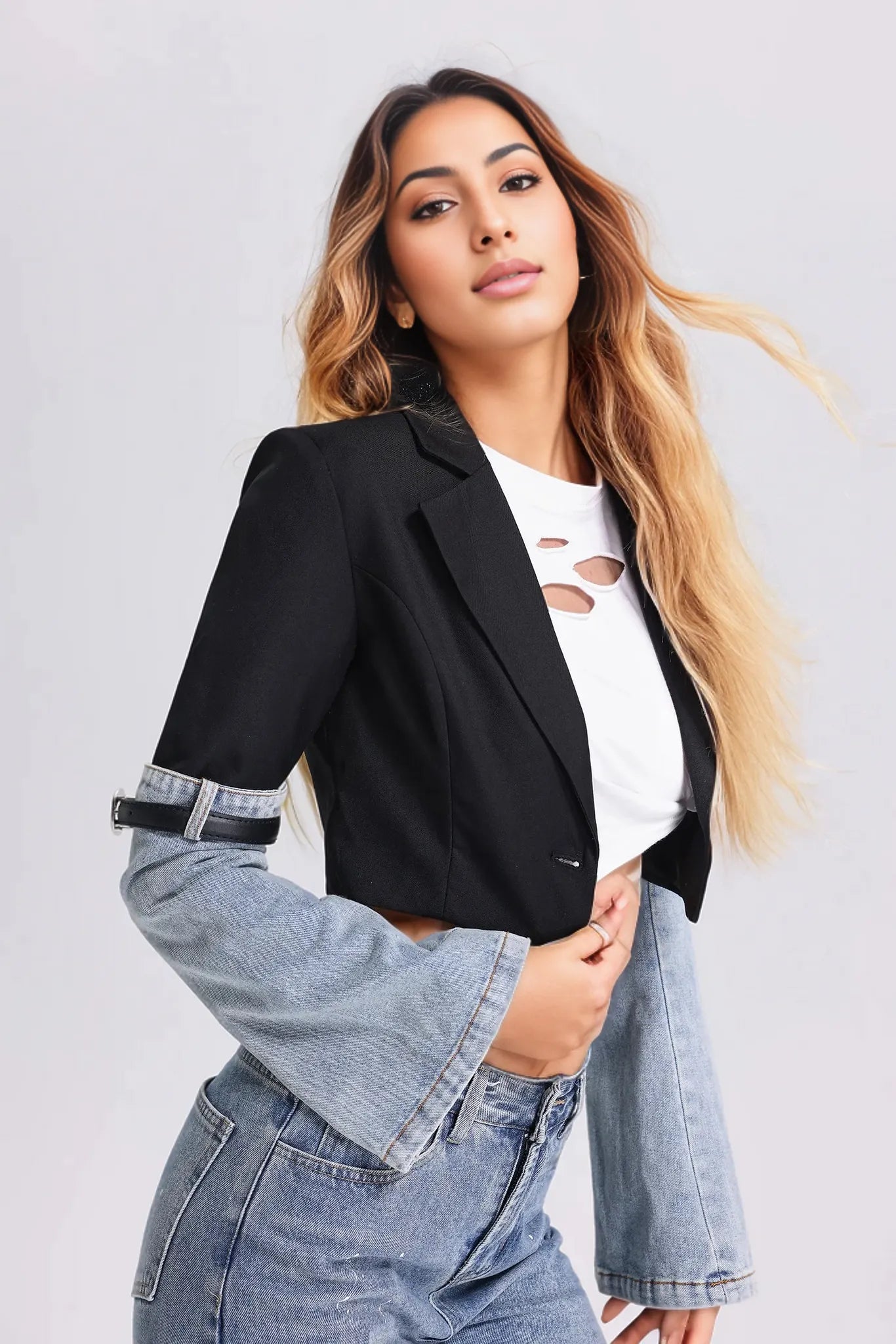 cropped contrast blazer with denim sleeves – Tamieka