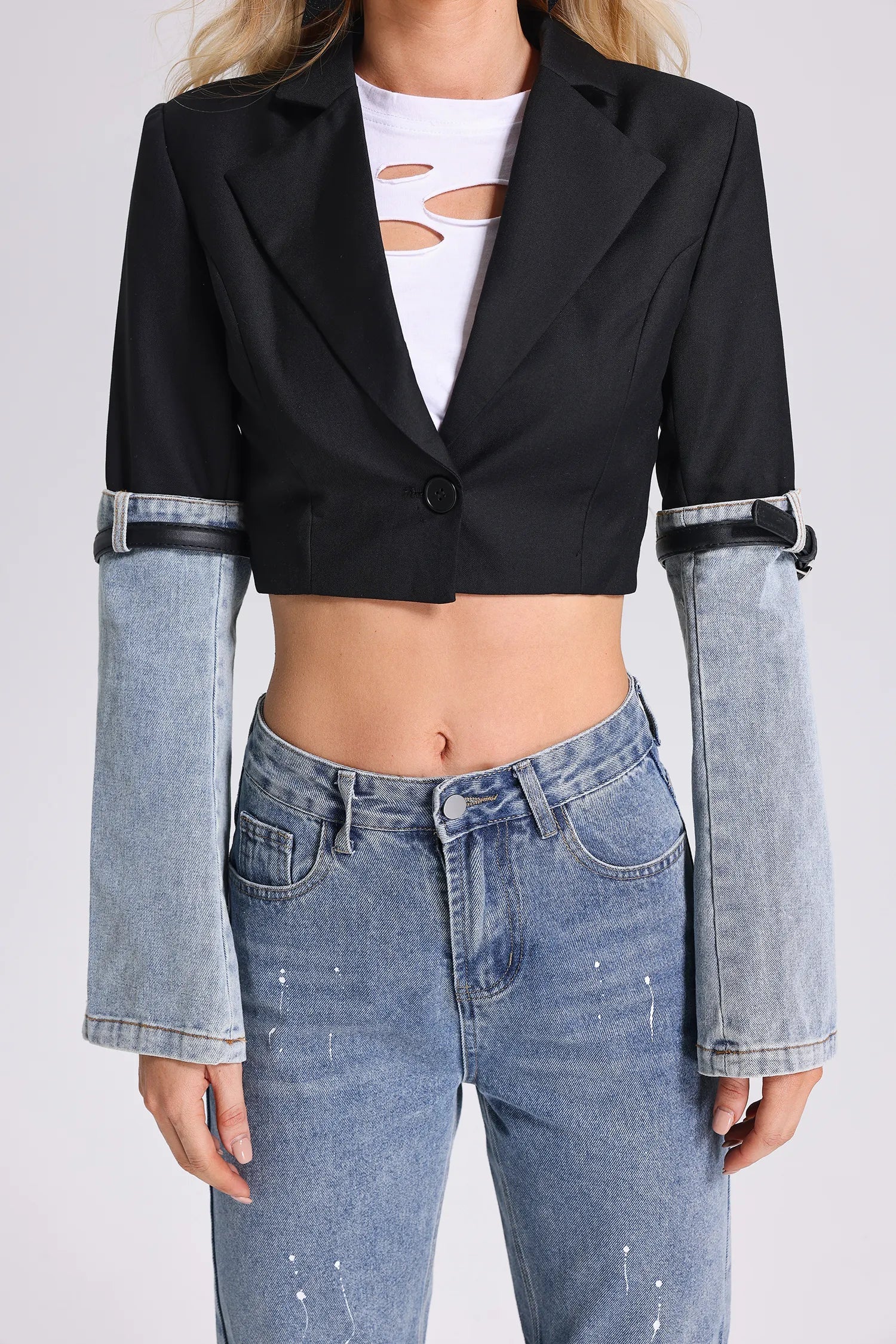 cropped contrast blazer with denim sleeves – Tamieka