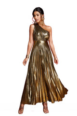 one-shoulder metallic pleated gown – Lerdya