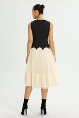 sleeveless scalloped waist tulle midi dress – Oleni