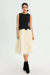sleeveless scalloped waist tulle midi dress – Oleni