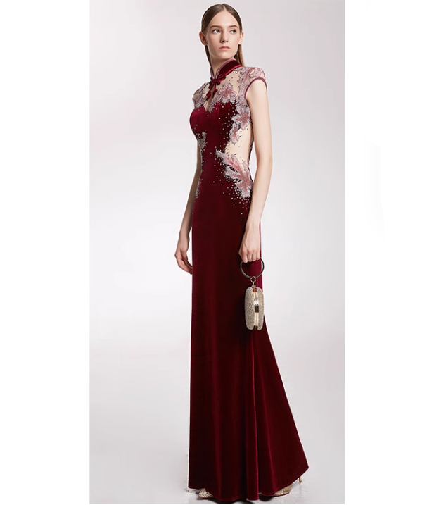 velvet qipao dress with illusion mesh and embroidery - MEI
