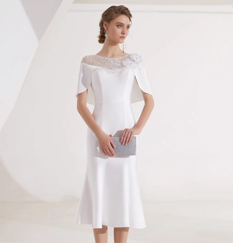 midi flare dress with embellished cape overlay - IVORY