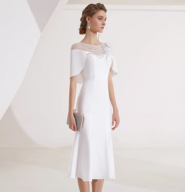 midi flare dress with embellished cape overlay - IVORY