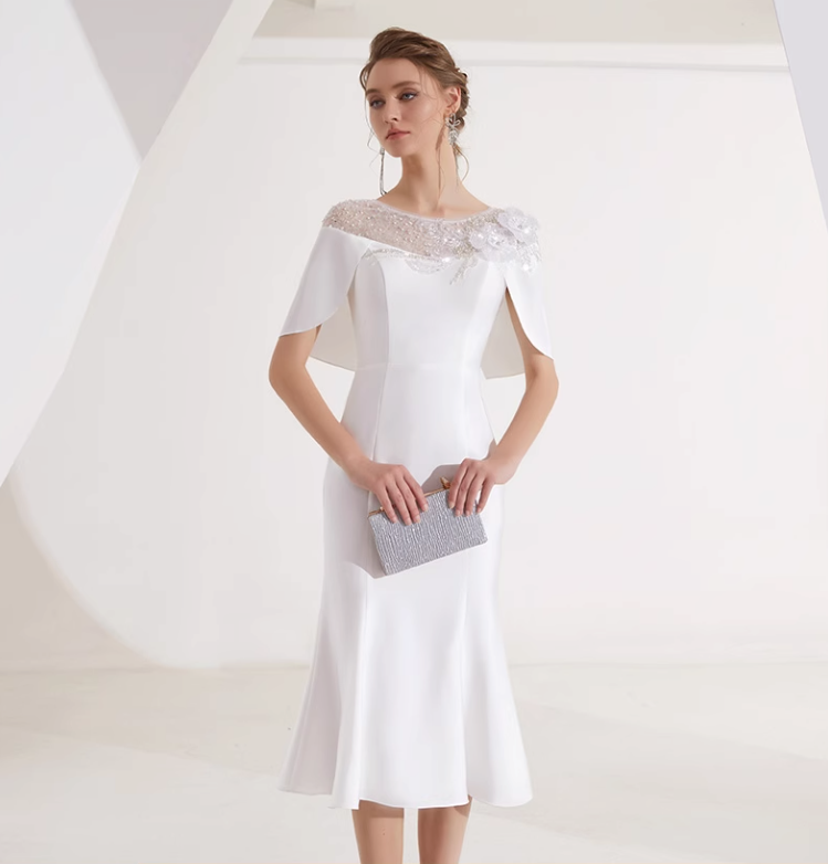 midi flare dress with embellished cape overlay - IVORY