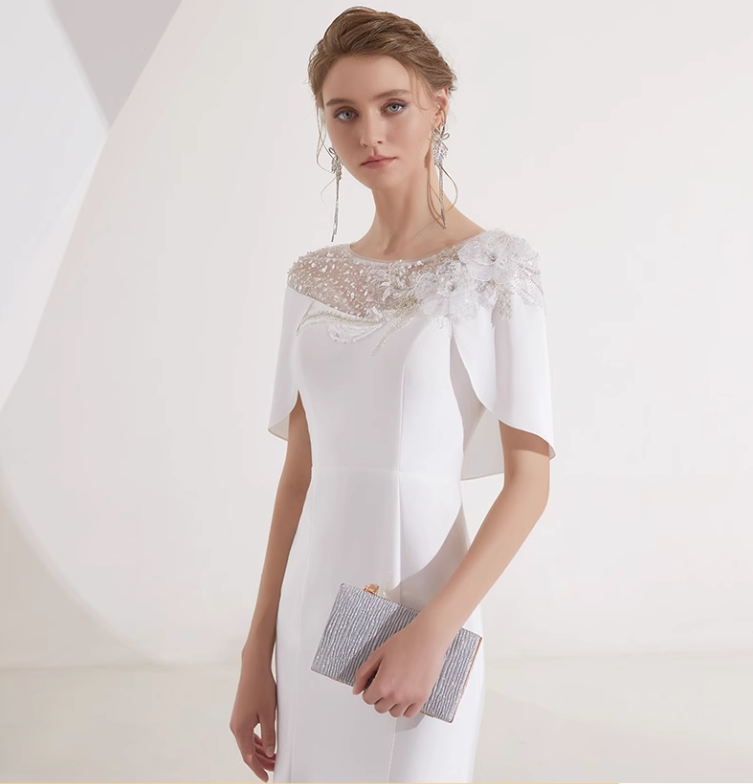 midi flare dress with embellished cape overlay - IVORY