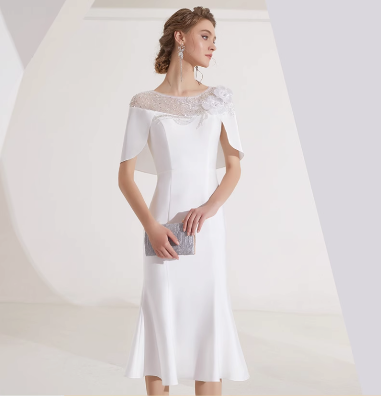 midi flare dress with embellished cape overlay - IVORY