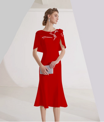 midi flare dress with embellished cape overlay - IVORY