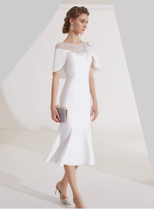 midi flare dress with embellished cape overlay - IVORY
