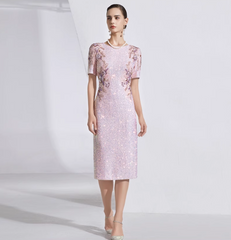 short-sleeve sequin midi dress with floral beading - IRIS