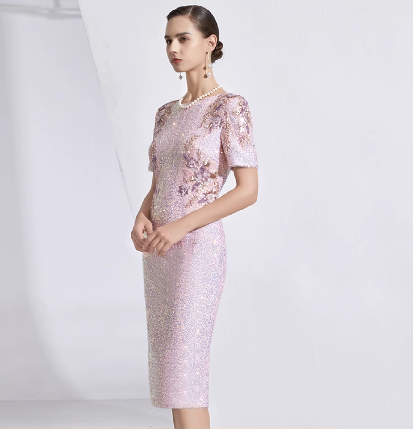 short-sleeve sequin midi dress with floral beading - IRIS
