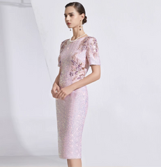 short-sleeve sequin midi dress with floral beading - IRIS
