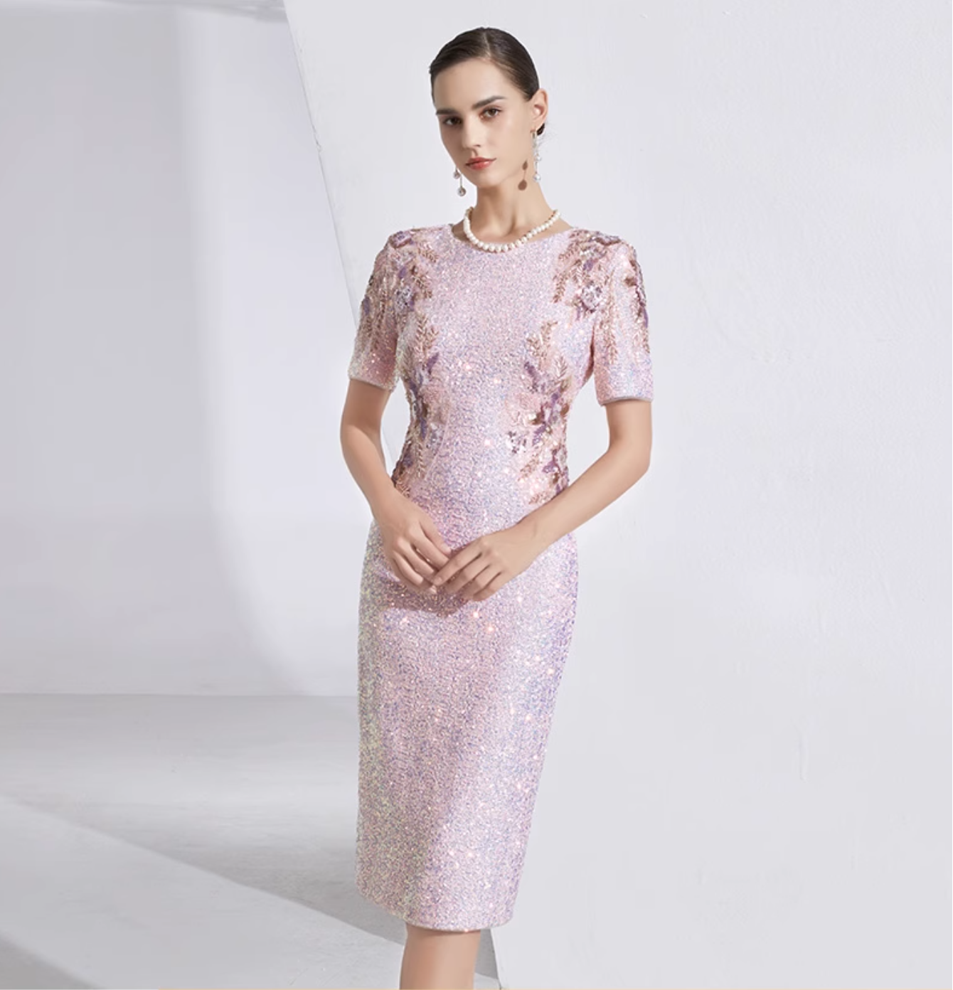 short-sleeve sequin midi dress with floral beading - IRIS