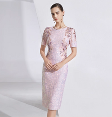 short-sleeve sequin midi dress with floral beading - IRIS