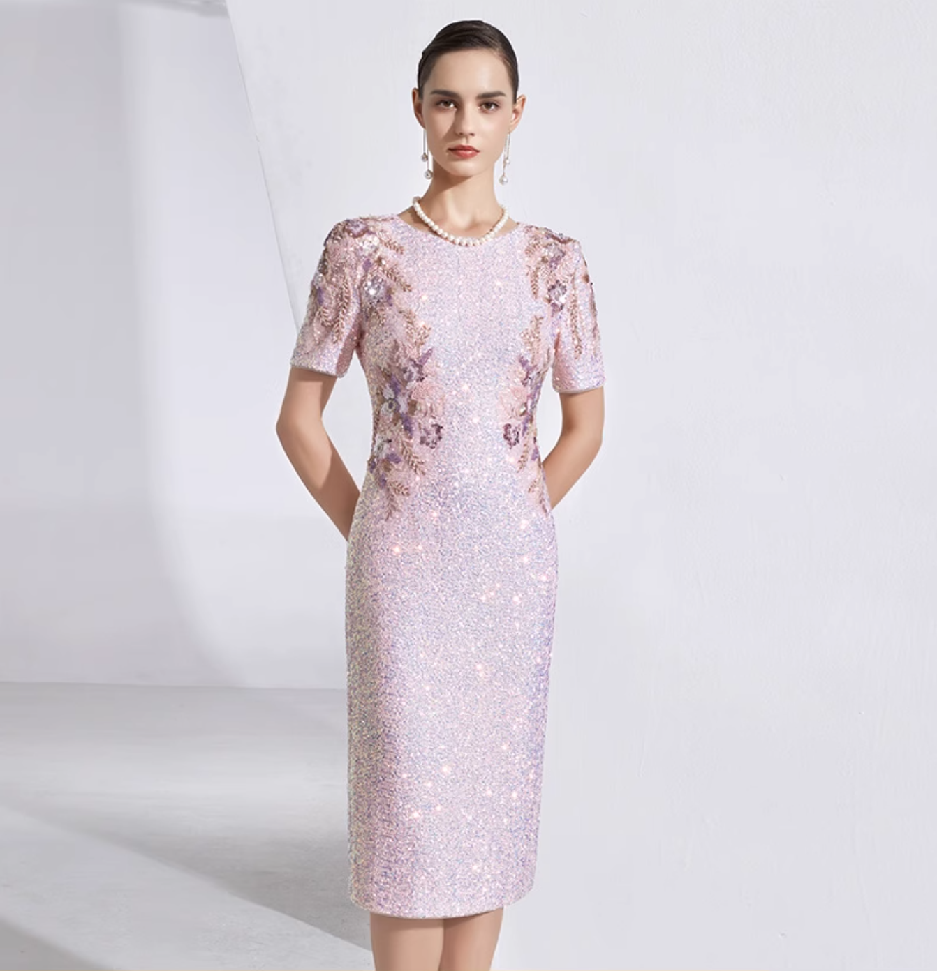 short-sleeve sequin midi dress with floral beading - IRIS
