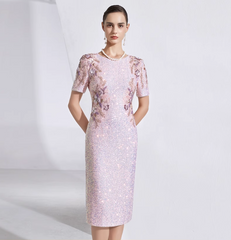short-sleeve sequin midi dress with floral beading - IRIS