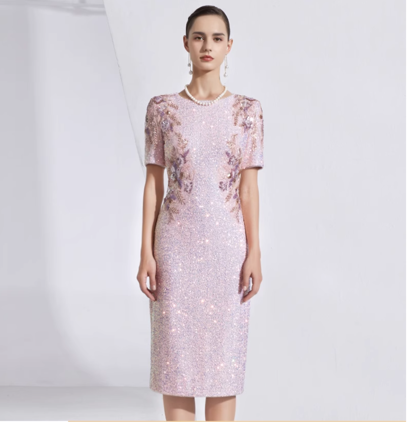 short-sleeve sequin midi dress with floral beading - IRIS