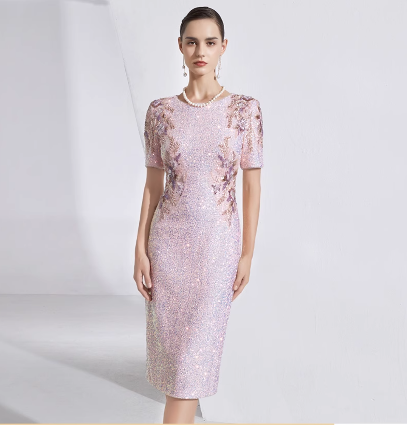 short-sleeve sequin midi dress with floral beading - IRIS
