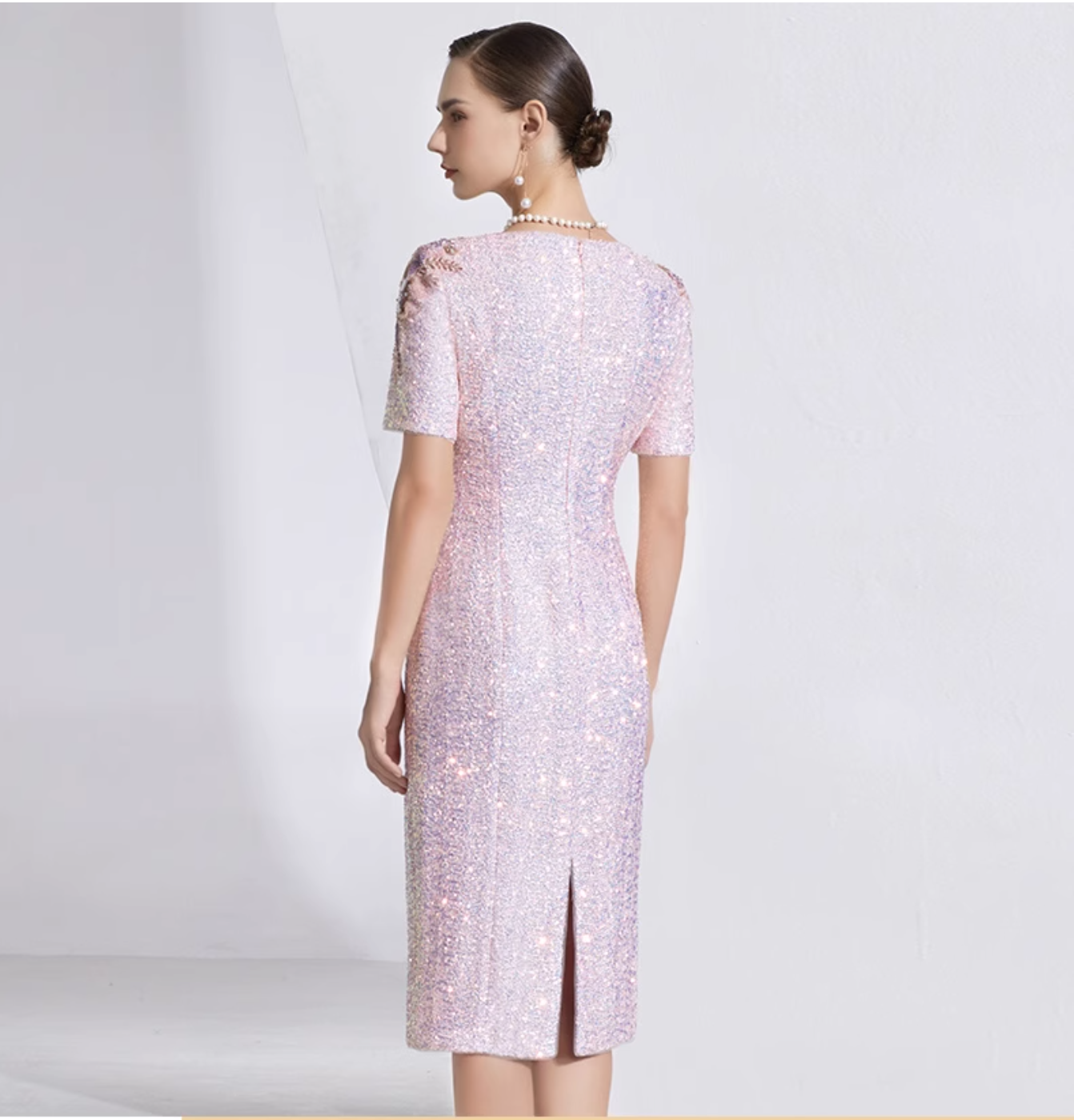short-sleeve sequin midi dress with floral beading - IRIS