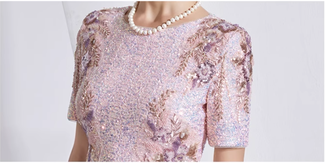 short-sleeve sequin midi dress with floral beading - IRIS