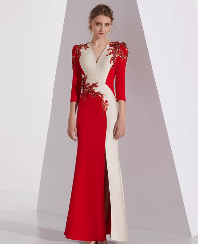 neck column dress with floral appliqué and slit - AMARA