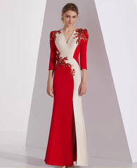 neck column dress with floral appliqué and slit - AMARA