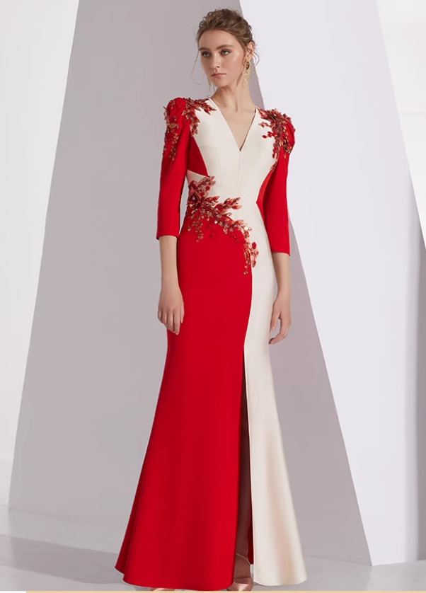 neck column dress with floral appliqué and slit - AMARA