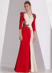 neck column dress with floral appliqué and slit - AMARA