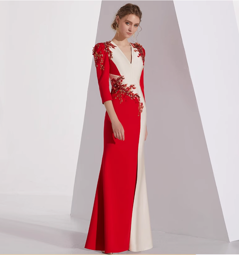 neck column dress with floral appliqué and slit - AMARA