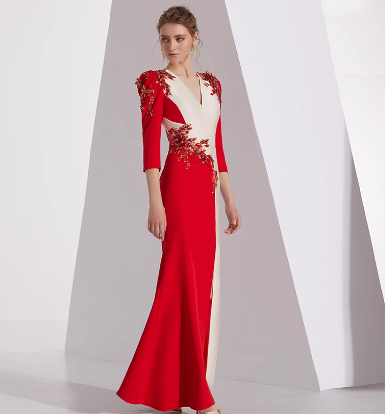 neck column dress with floral appliqué and slit - AMARA