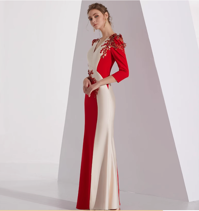 neck column dress with floral appliqué and slit - AMARA