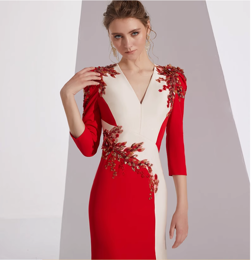 neck column dress with floral appliqué and slit - AMARA