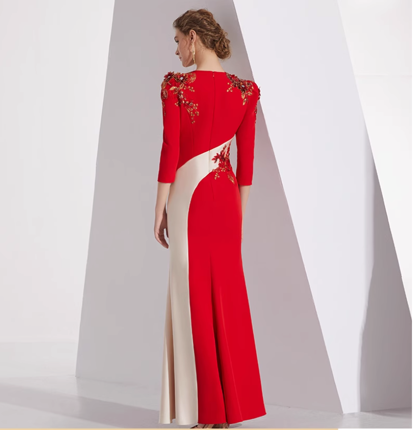 neck column dress with floral appliqué and slit - AMARA