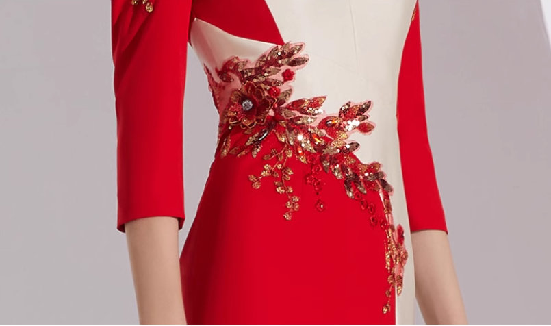 neck column dress with floral appliqué and slit - AMARA