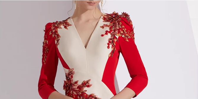 neck column dress with floral appliqué and slit - AMARA