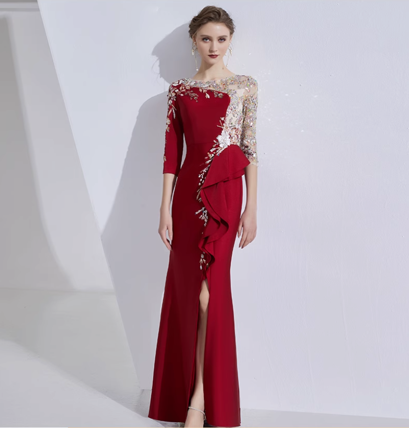 asymmetric gown with embroidered mesh bodice and ruffle trim - ELARA