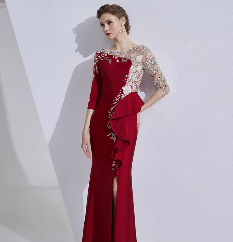 asymmetric gown with embroidered mesh bodice and ruffle trim - ELARA
