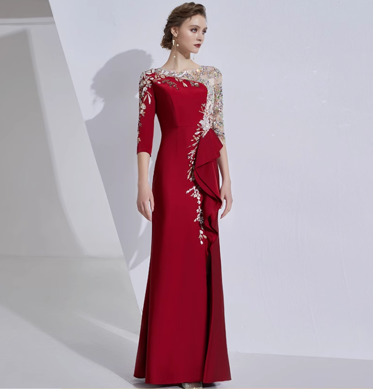 asymmetric gown with embroidered mesh bodice and ruffle trim - ELARA